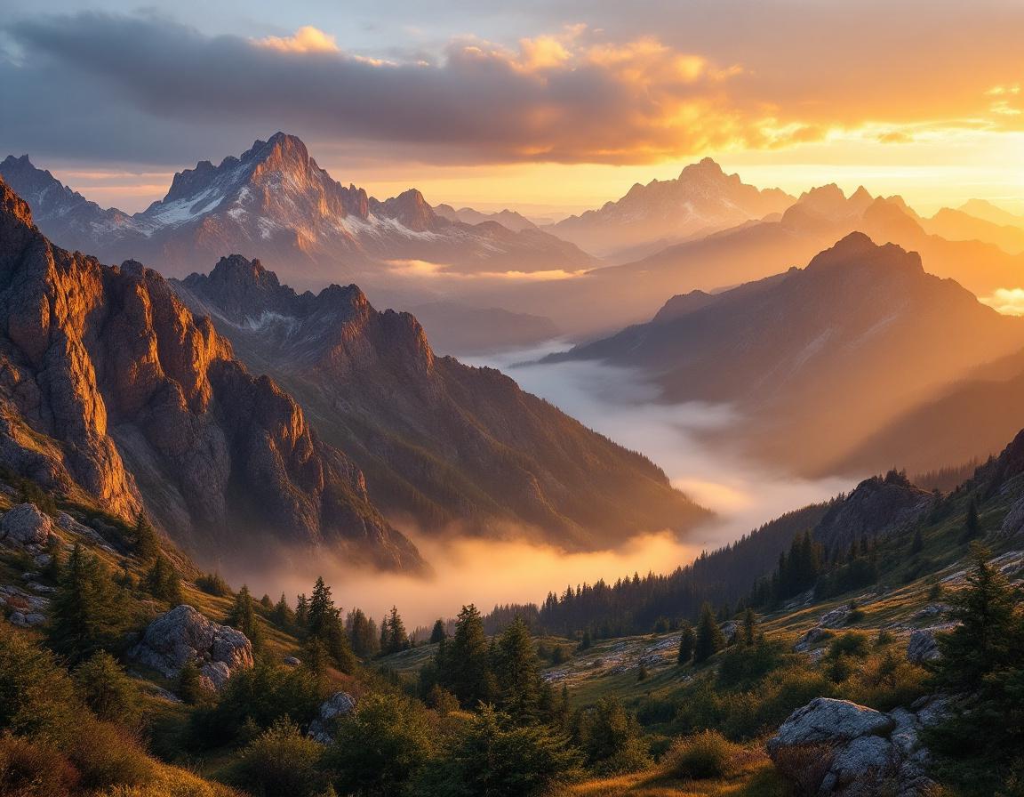 Ultra detailed landscape of mountain range at sunrise, 4K resolution