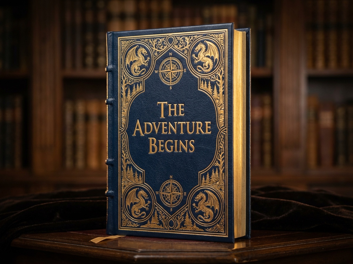 A luxury hardcover book with the title "THE ADVENTURE BEGINS" in gold embossed serif letters