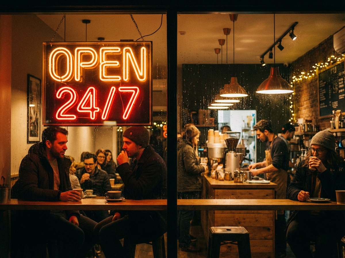 A neon sign that reads "OPEN 24/7" glowing in a cozy coffee shop at night